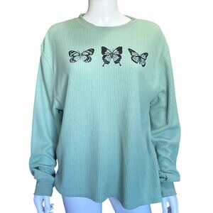 Modern Lux Mint Green Waffle Knit Butterfly Print Long Sleeve Pullover Top Sz XL